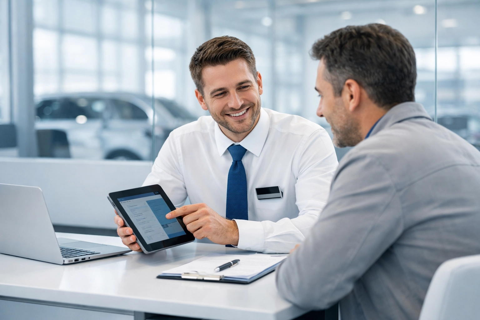 Service advisor using a tablet to explain maintenance details to a customer at a modern car dealership.