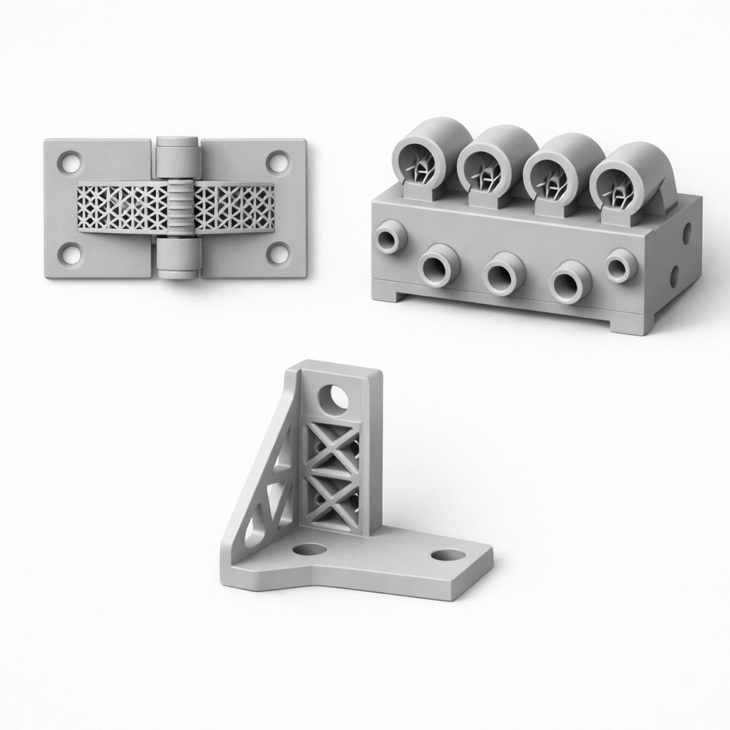 Complex 3D printed functional parts including a manifold, bracket, and hinge for industrial design.