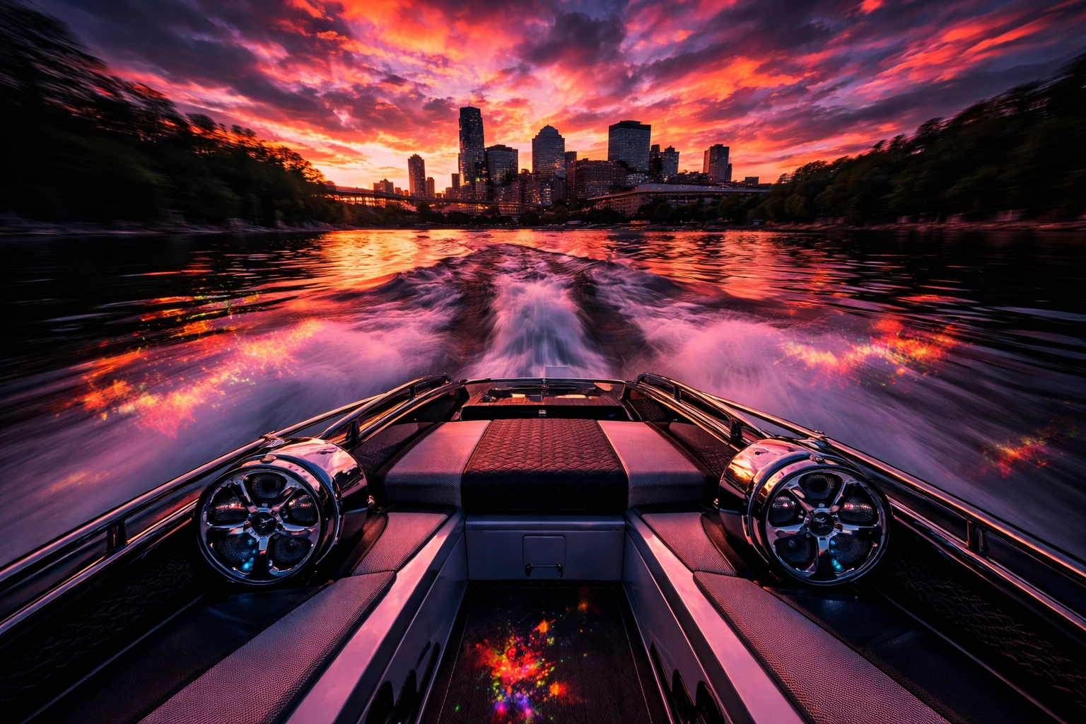 Speedboat on a river at sunset with premium marine audio, representing Pittsburgh marine audio upgrades