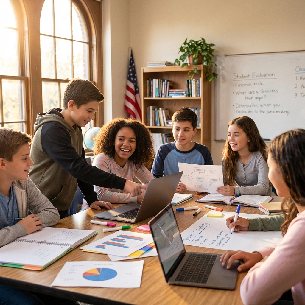 Middle school students collaborating on a civic project to promote liberty and justice in their community.