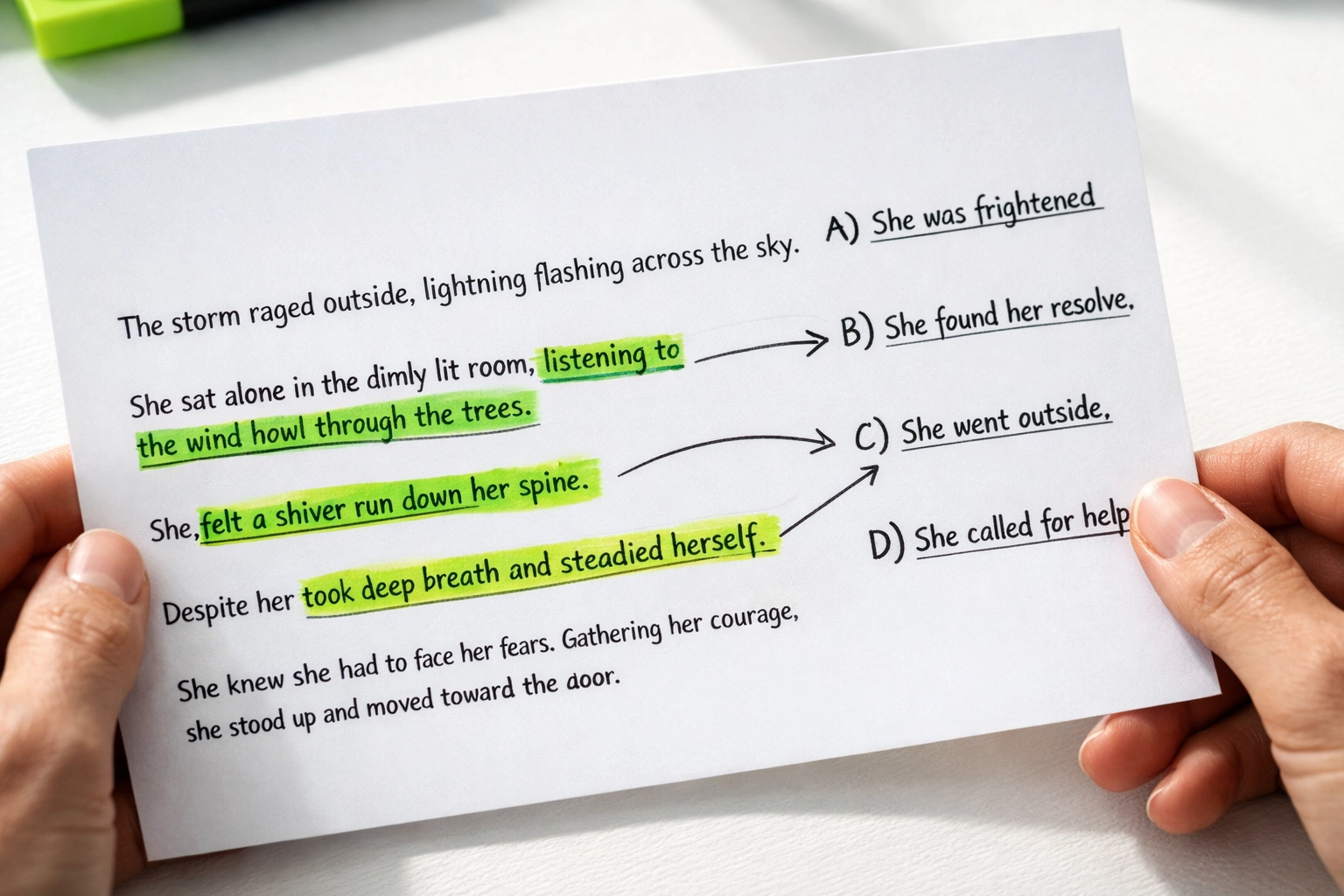 Hands marking textual evidence with arrows connecting passage lines to SAT answer choices