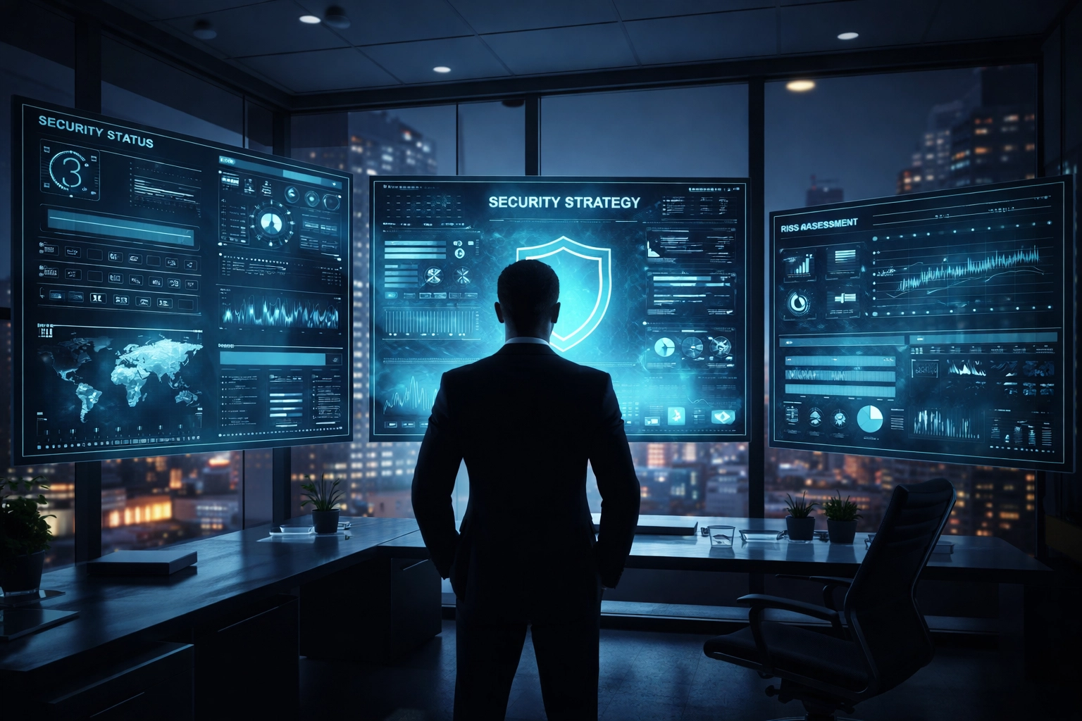 Executive reviewing security dashboards and strategic roadmaps as a virtual CISO
