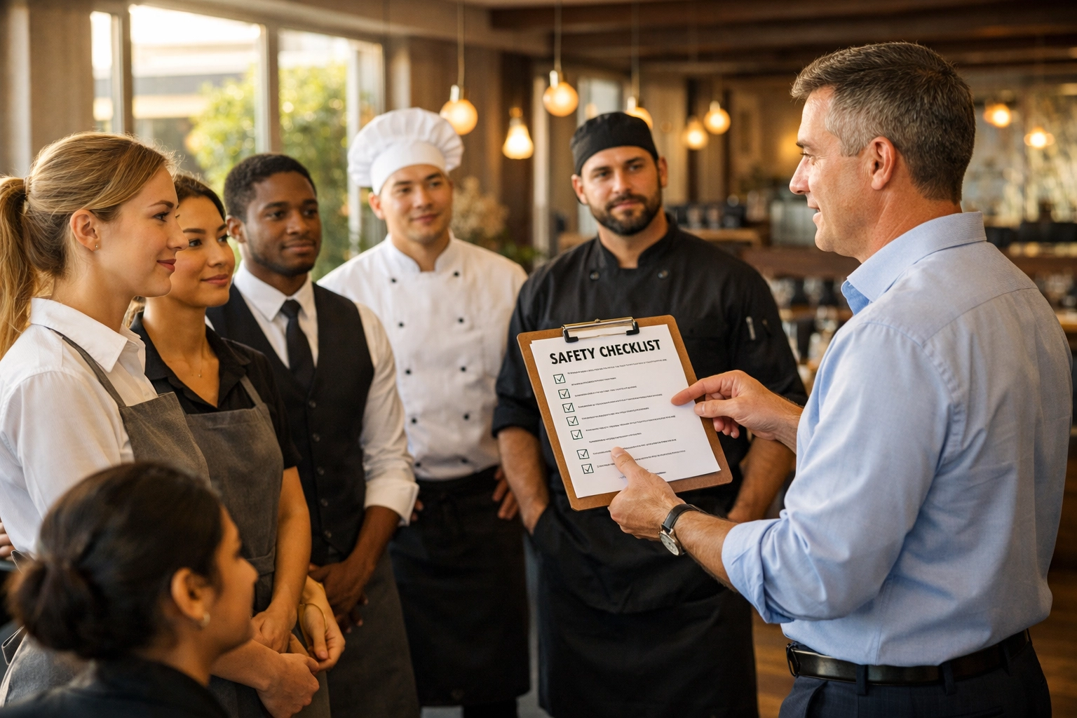 Restaurant manager reviewing a safety checklist during a staff training session for risk management.