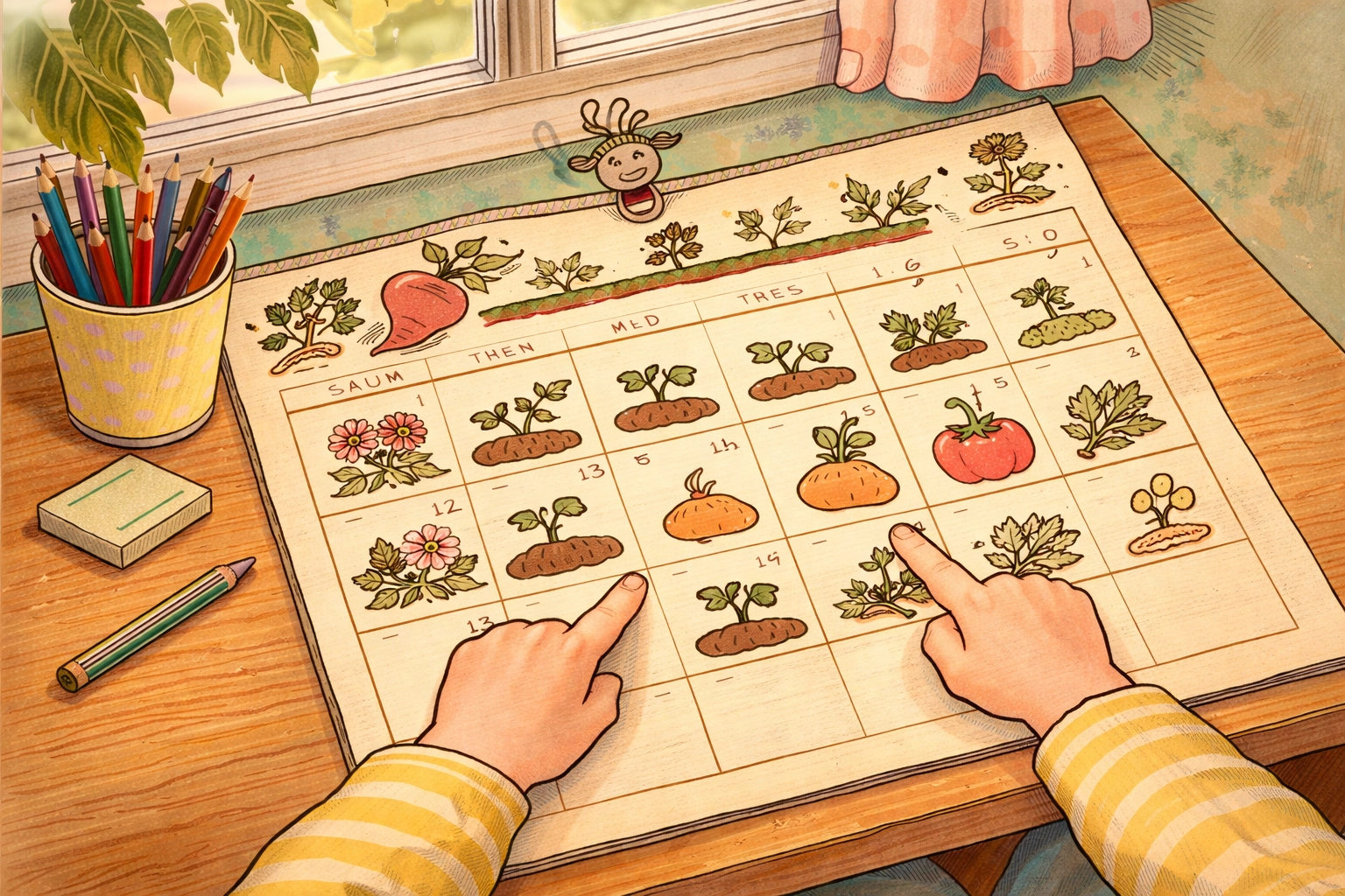 Child's hands pointing at February calendar with vegetable icons, showing Zone 6 seed starting schedule.