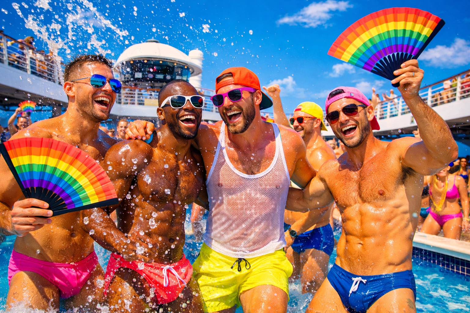 Joyful men celebrating at a vibrant gay cruise deck party, capturing the energy of modern pride at sea.