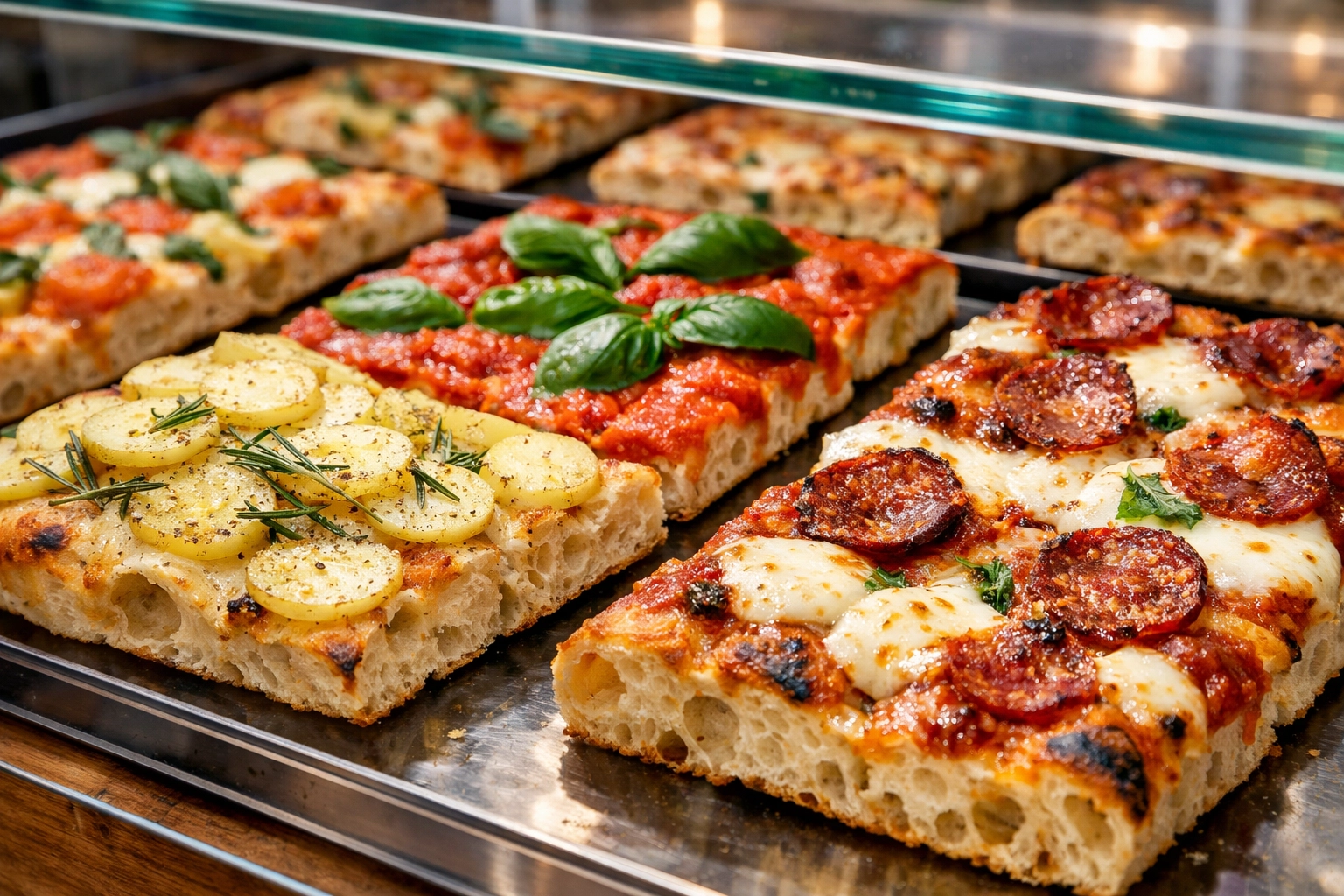 Fresh Roman pizza al taglio slices in a shop window, an iconic example of authentic budget travel food.