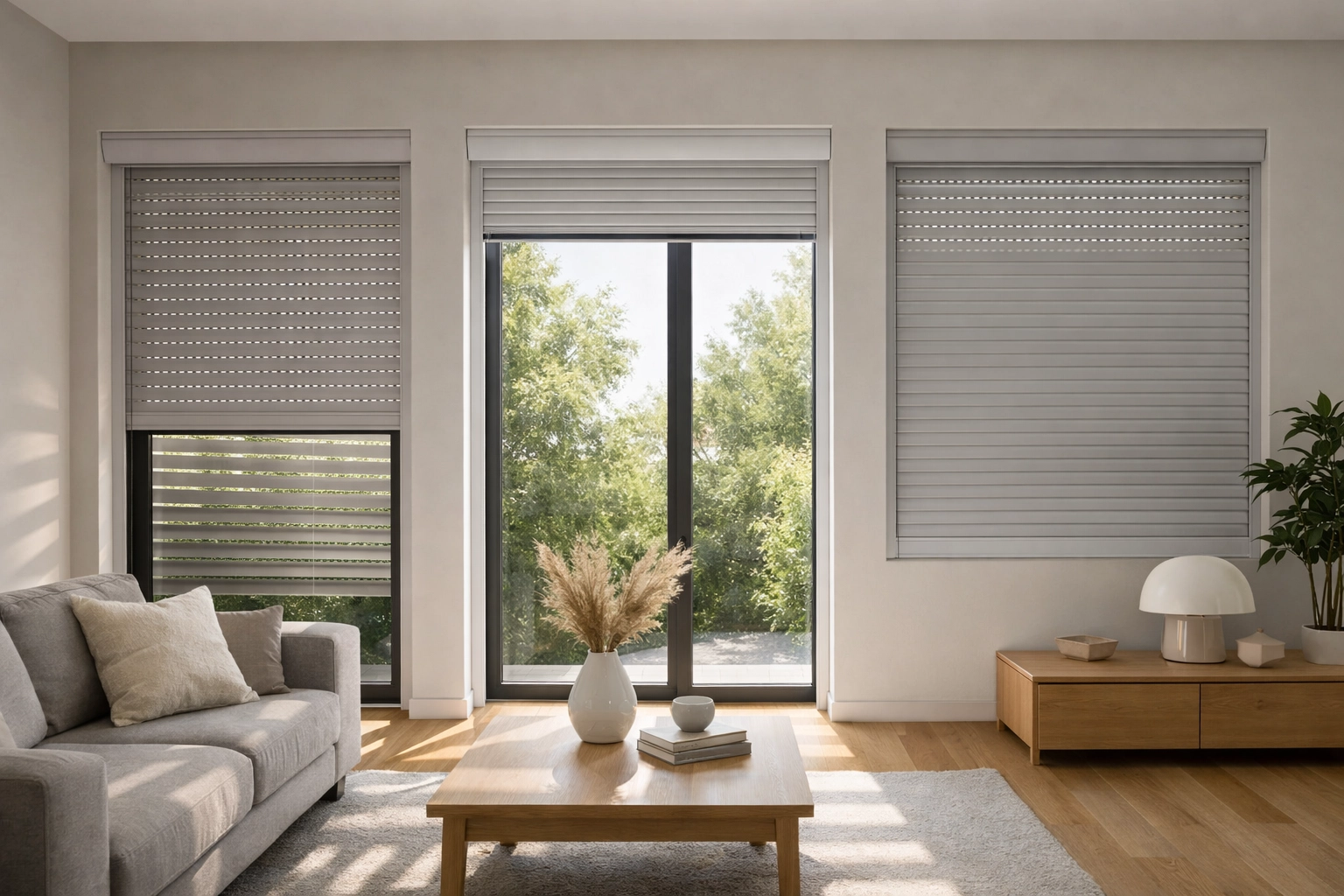 Modernes Wohnzimmer mit automatischen Rollläden in verschiedenen Positionen