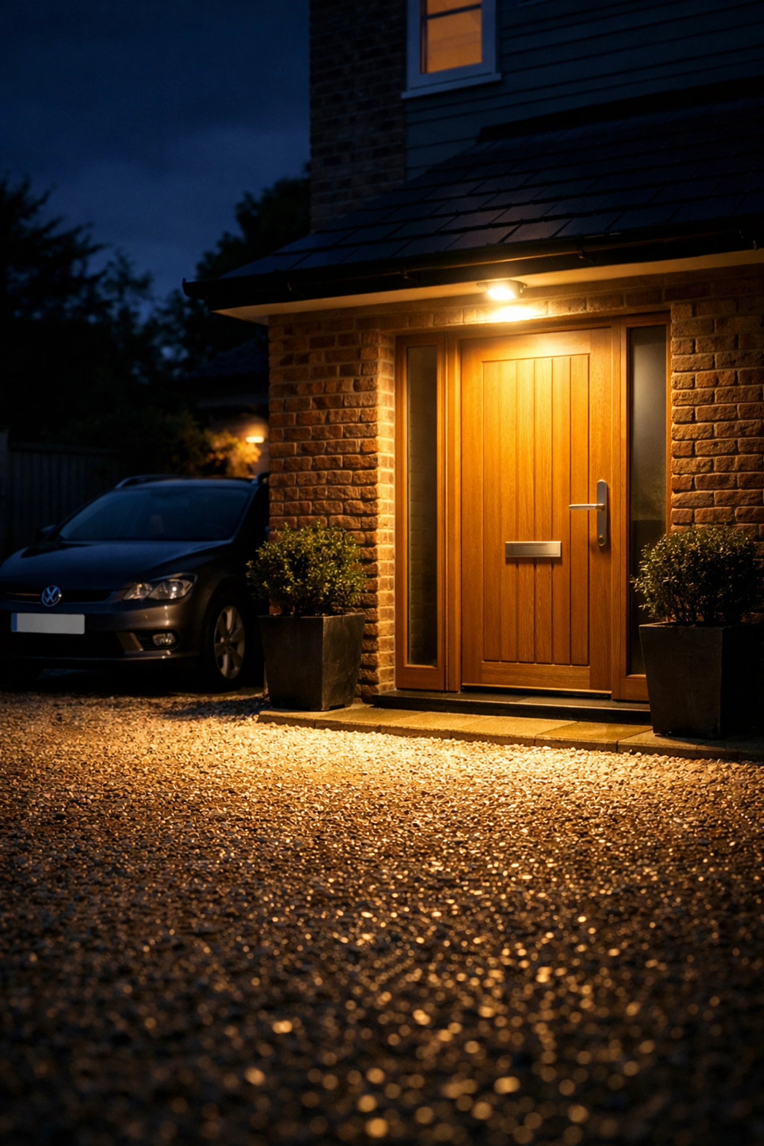 Modern UK home entryway illuminated by a motion-sensor security light for enhanced night safety.