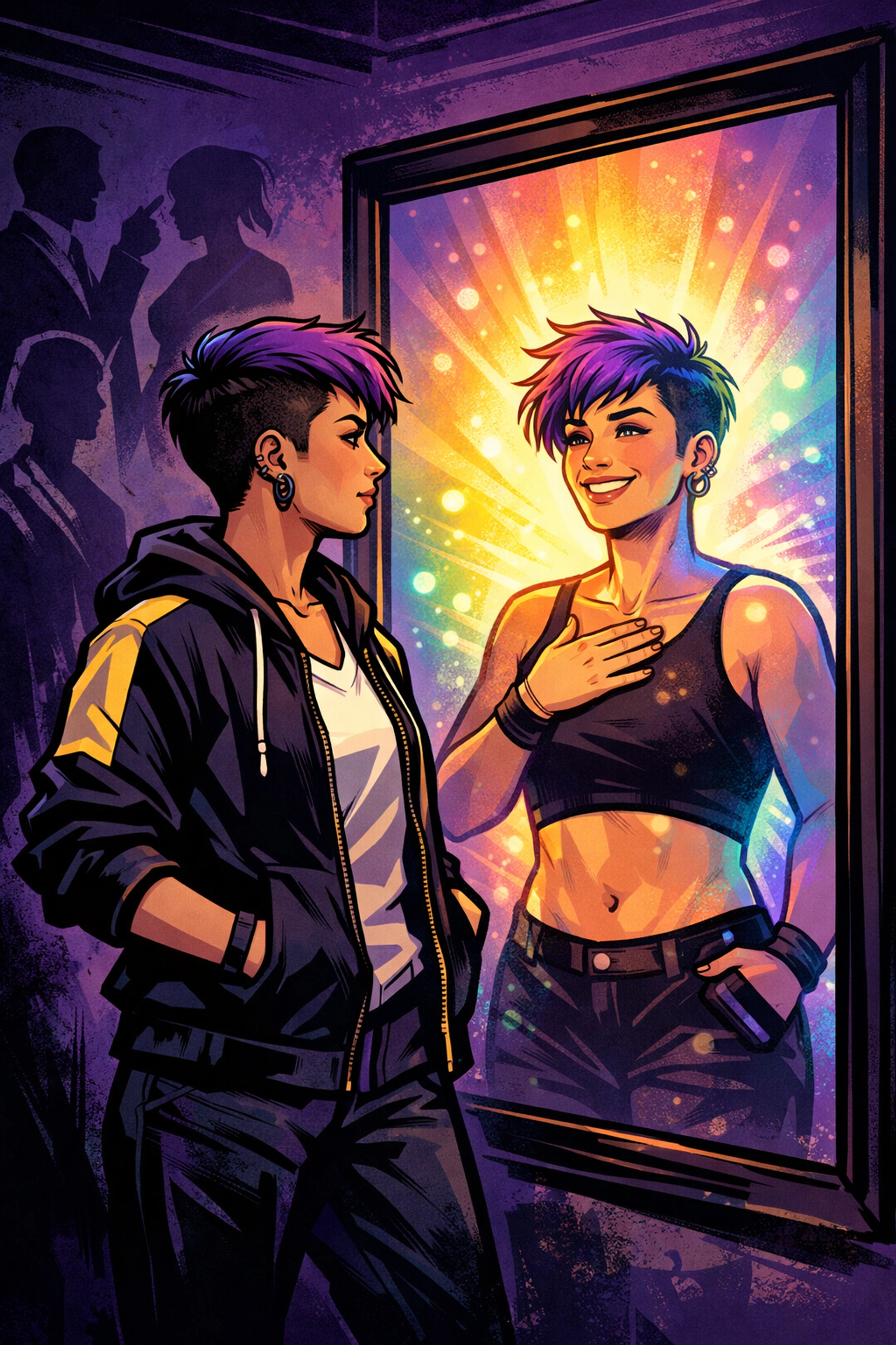 Non-binary person experiencing gender euphoria, confident reflection showing authentic self