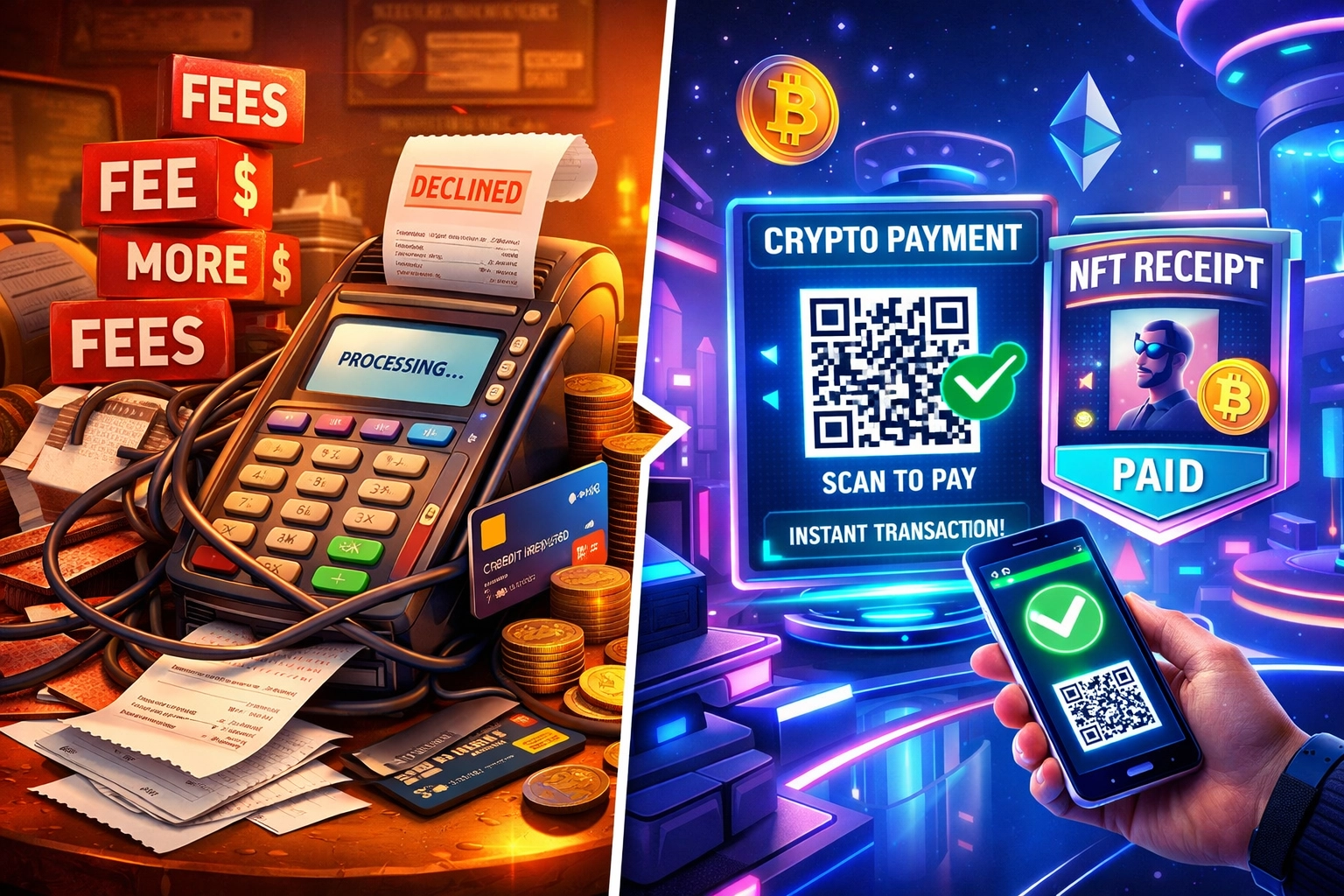 Traditional credit card terminal versus crypto payment system with NFT receipt in metaverse retail