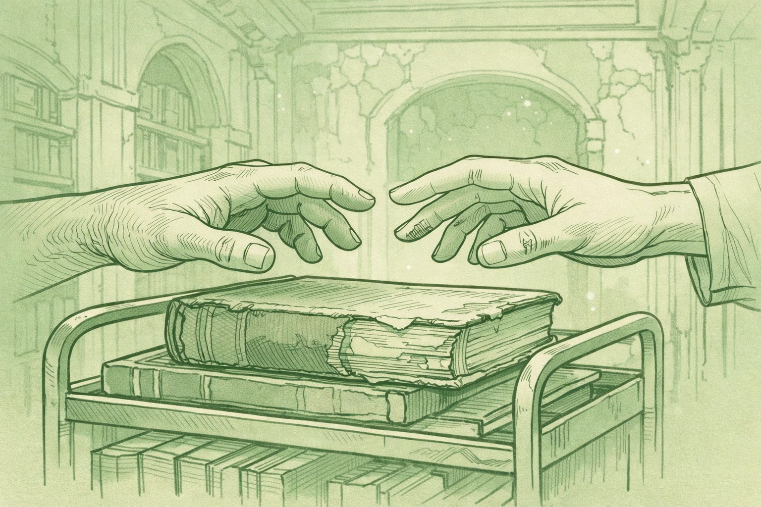 Two men's hands reaching for book in library - MM romance connection moment