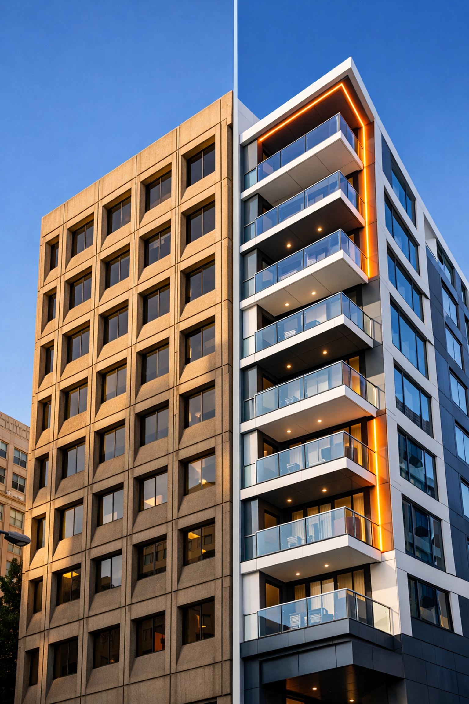 San Francisco office building before and after adaptive reuse conversion to residential apartments