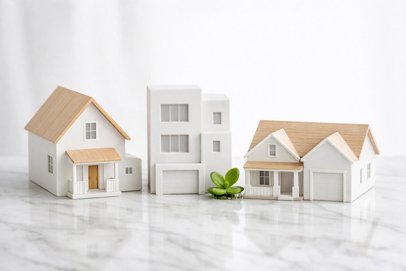 Minimalist Houston home models with a green plant symbolizing real estate investment growth and cash flow.
