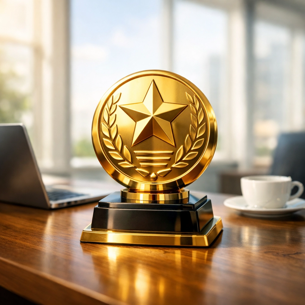 Golden trophy on office desk symbolizing ISO 9001 certification achievement for SMEs