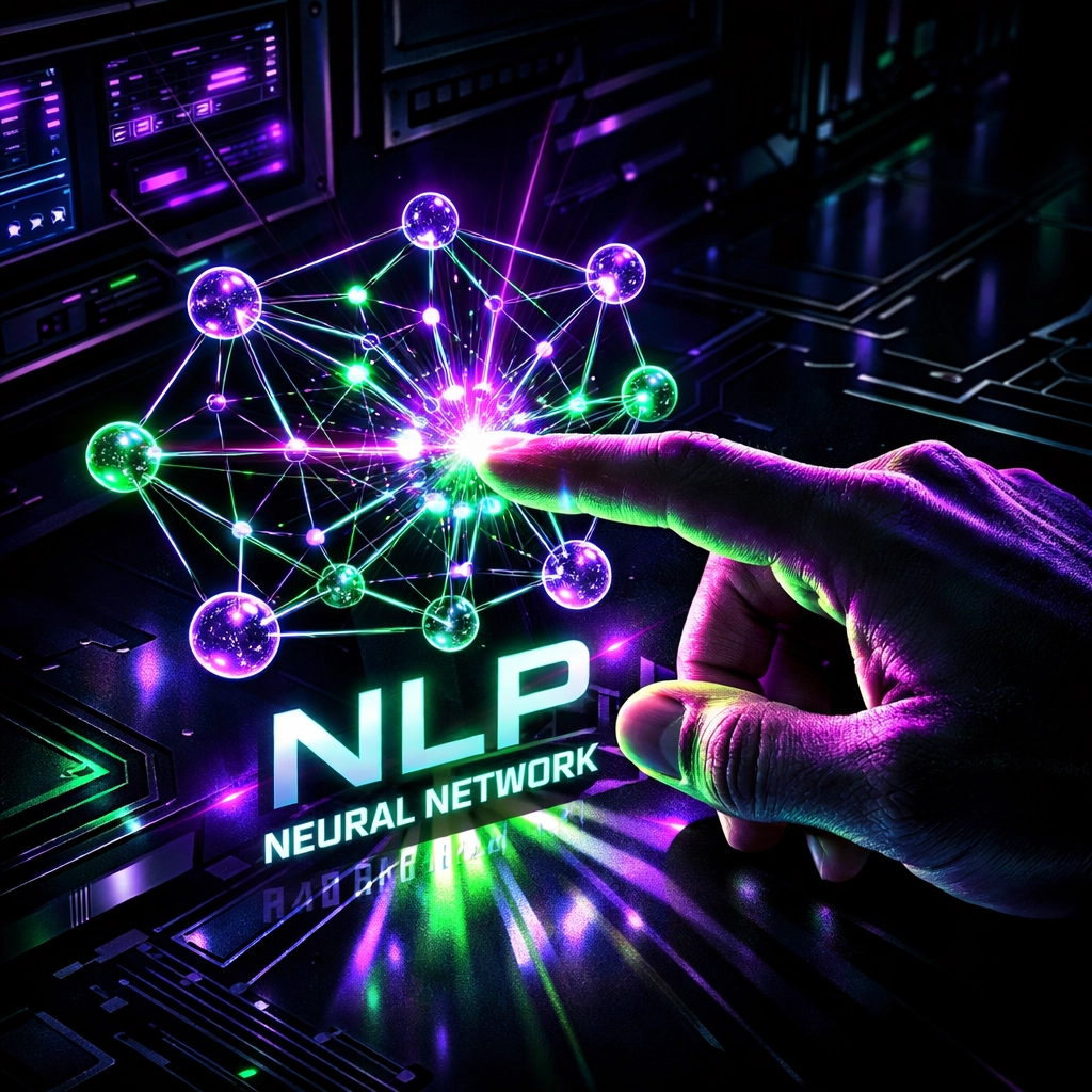 Close-up of a hand interacting with a neural network representing NLP solutions and intelligent automation.