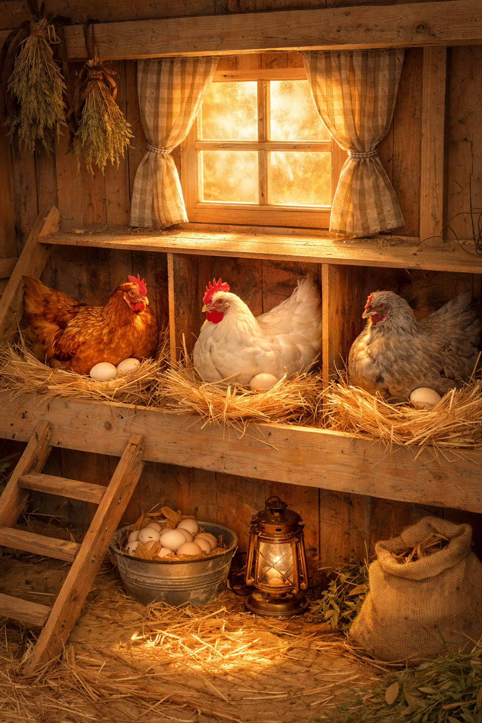 Heritage breed hens in a rustic chicken coop nesting on straw, highlighting brown, white, and green egg layers.