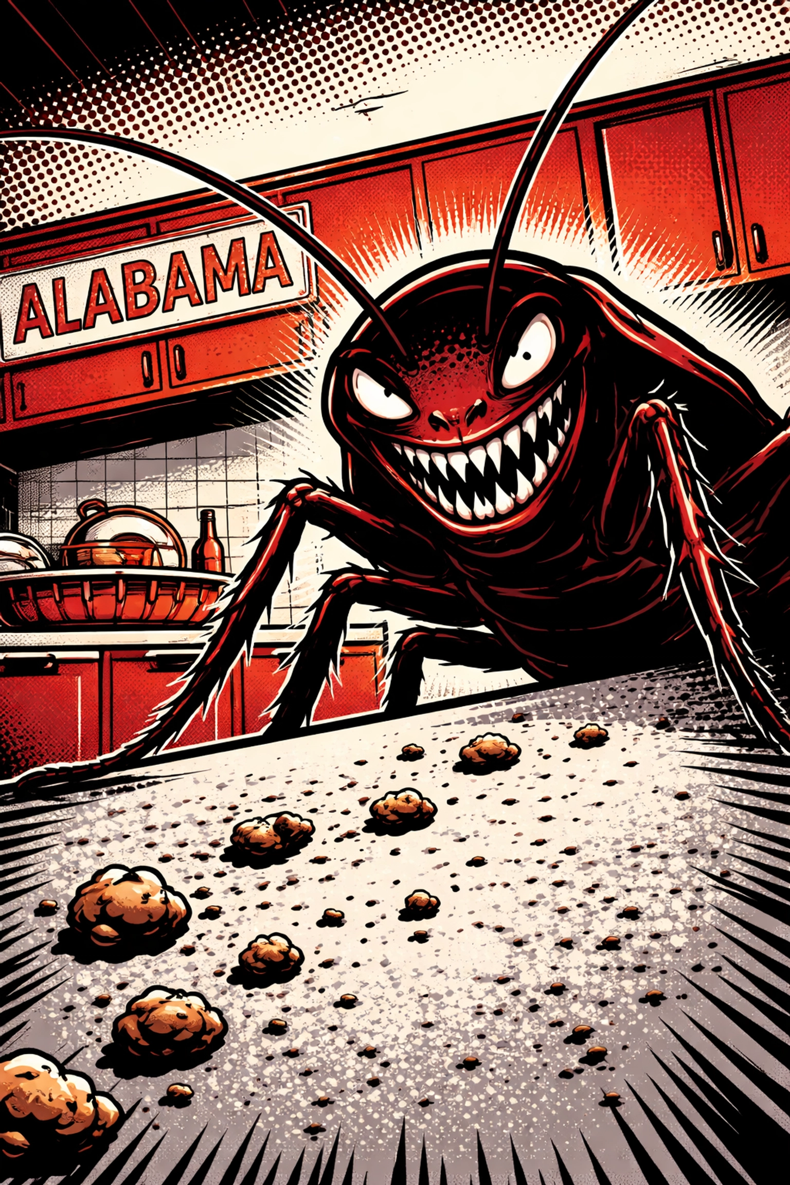 Oversized cockroach looming over a Jasper, Alabama kitchen, highlighting increased cockroach infestations caused by warm winters in local homes.