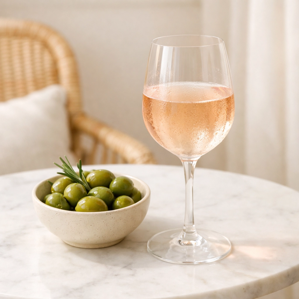 A crisp glass of low-sugar rosé wine on a marble table representing a cleaner wine choice.