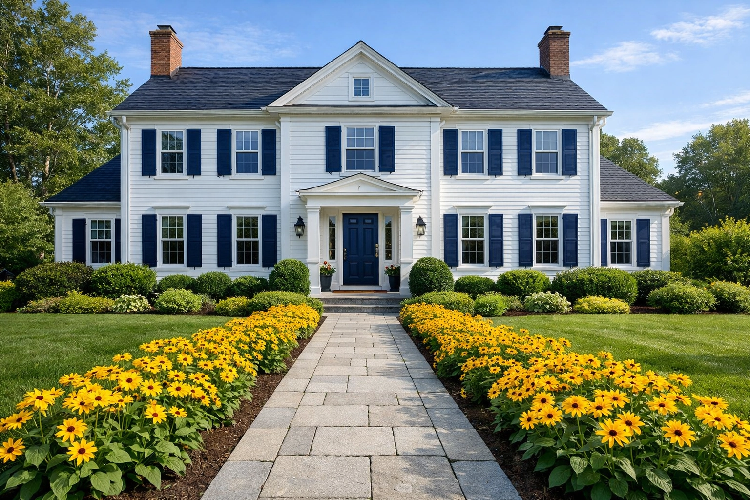 Renewed curb appeal of a classic colonial house in MA featuring clean white siding and stone walkways.