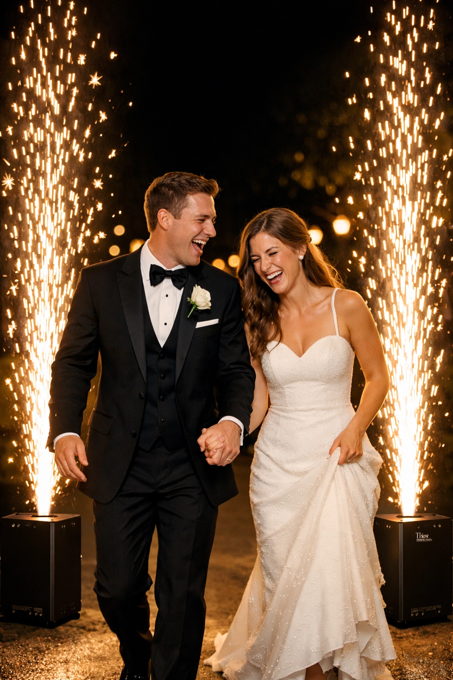 Bride and groom celebrate their grand exit with a cold spark wedding rental for a stunning send-off photo.