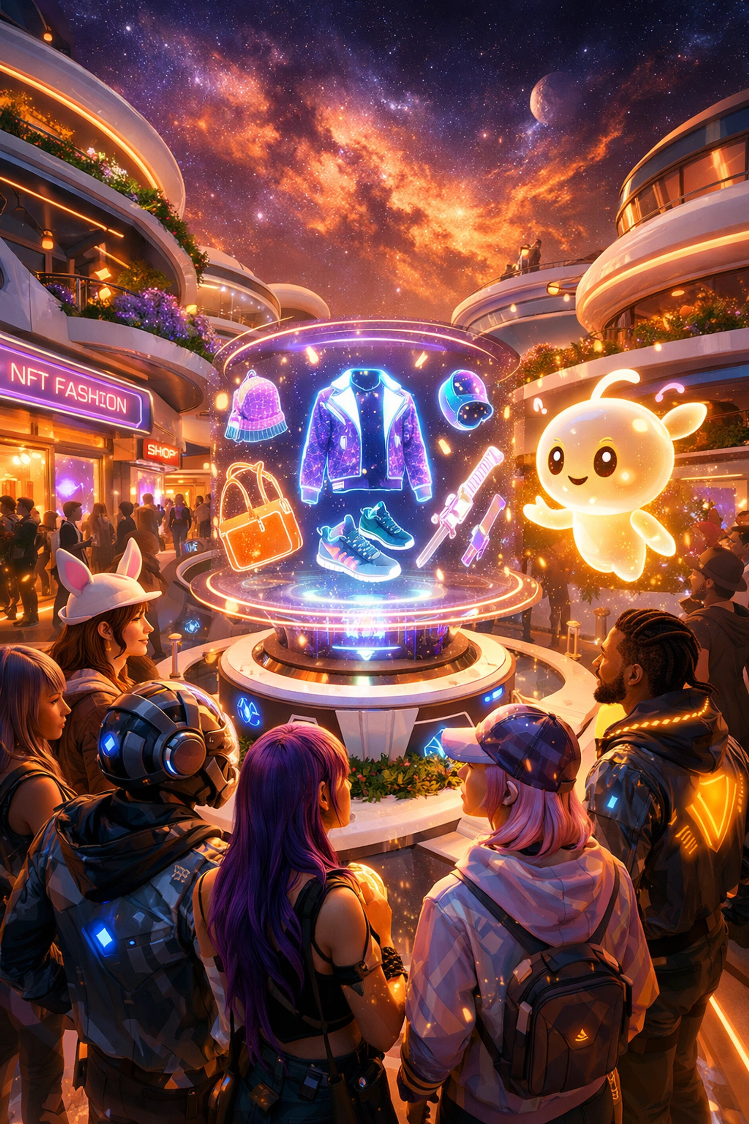 Digital avatars using an AI assistant for social shopping in a futuristic metaverse community hub.