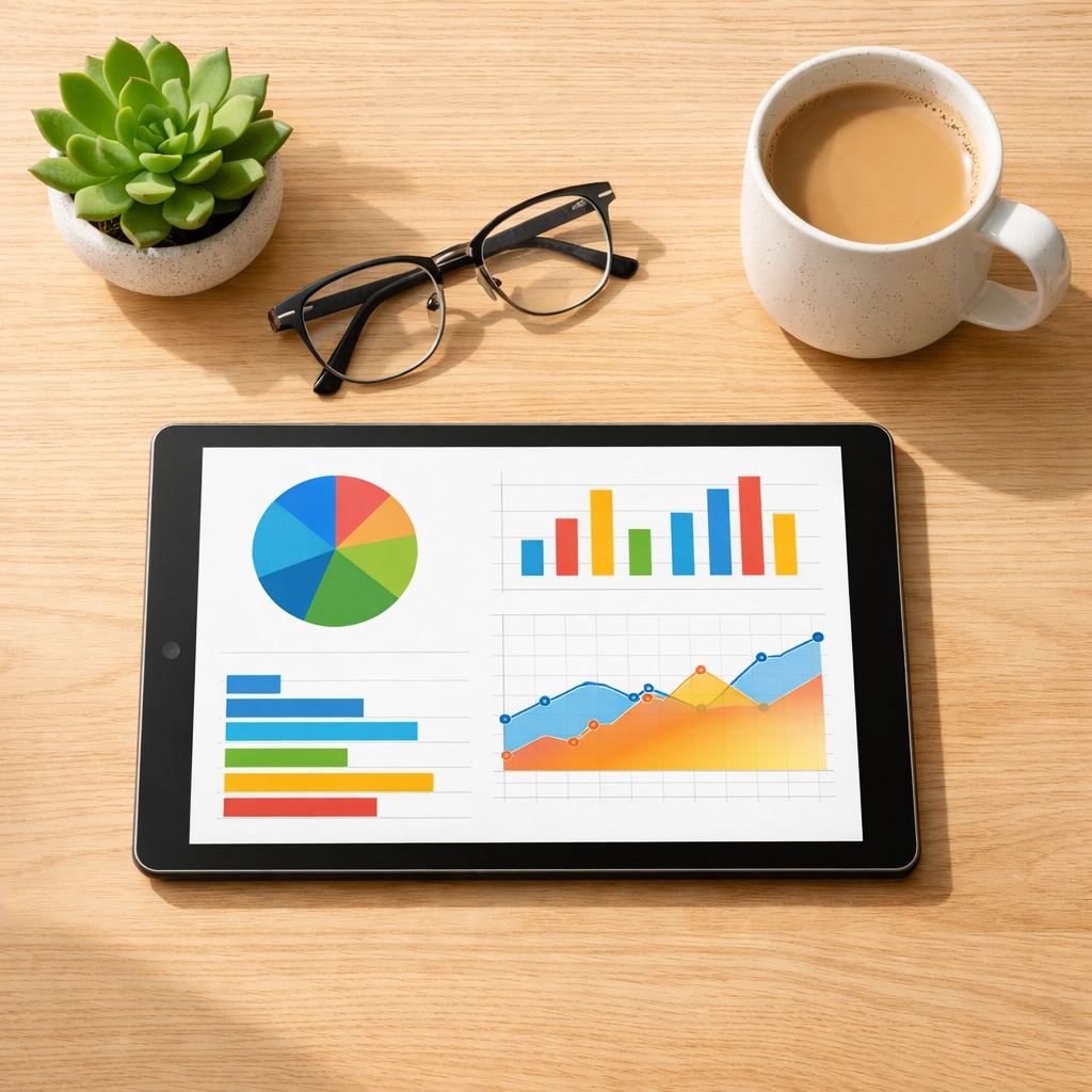 Modern office desk featuring a tablet displaying real-time startup accounting charts and data.