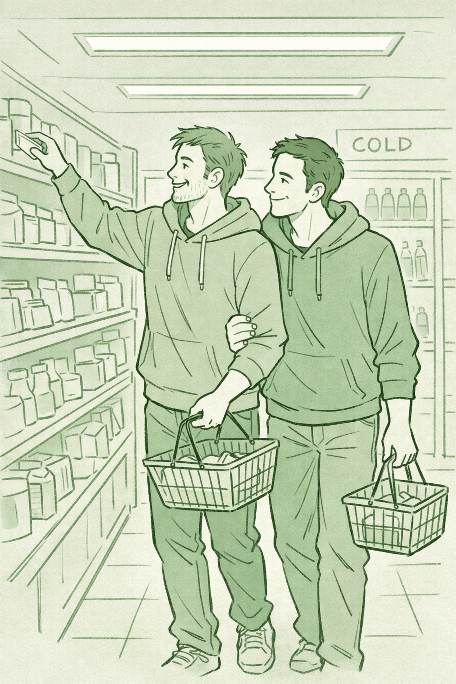 Two men laughing together in late-night convenience store - stolen moment in MM romance narrative