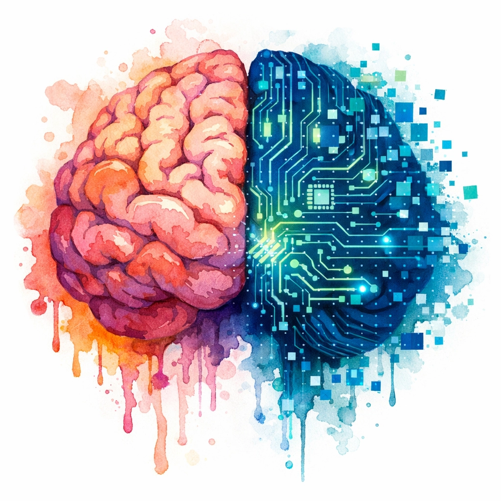 Human brain illustration showing tension between natural thinking and digital algorithm influence