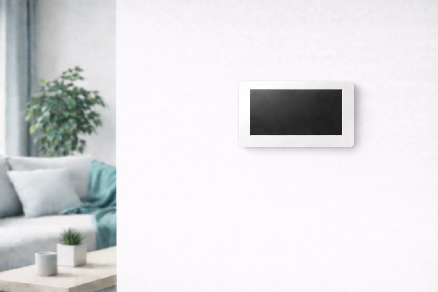 Elegant living room showcasing a smart thermostat on the wall, highlighting energy-efficient automation