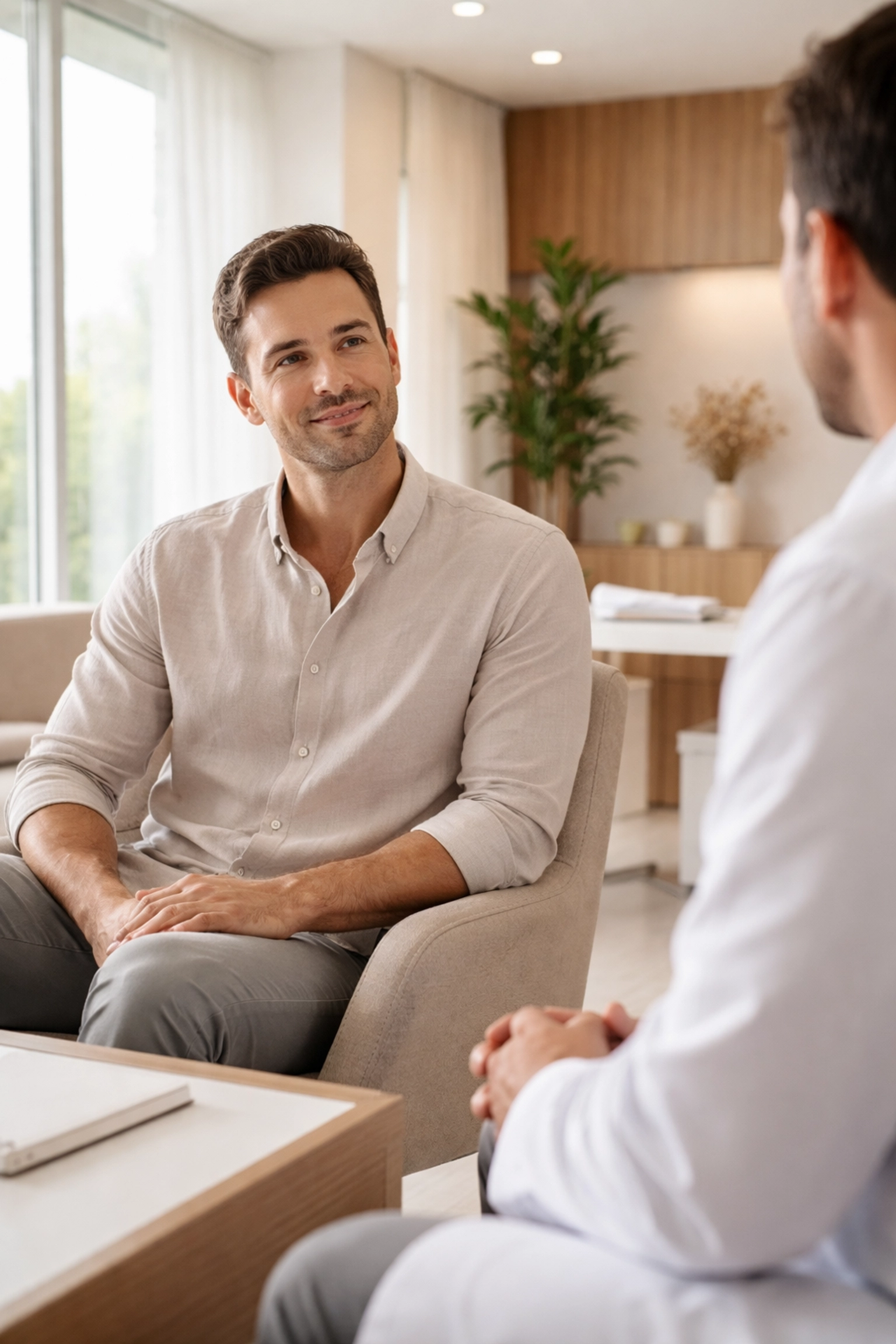 Confident man consulting with a specialist about ab etching at a Houston plastic surgery clinic