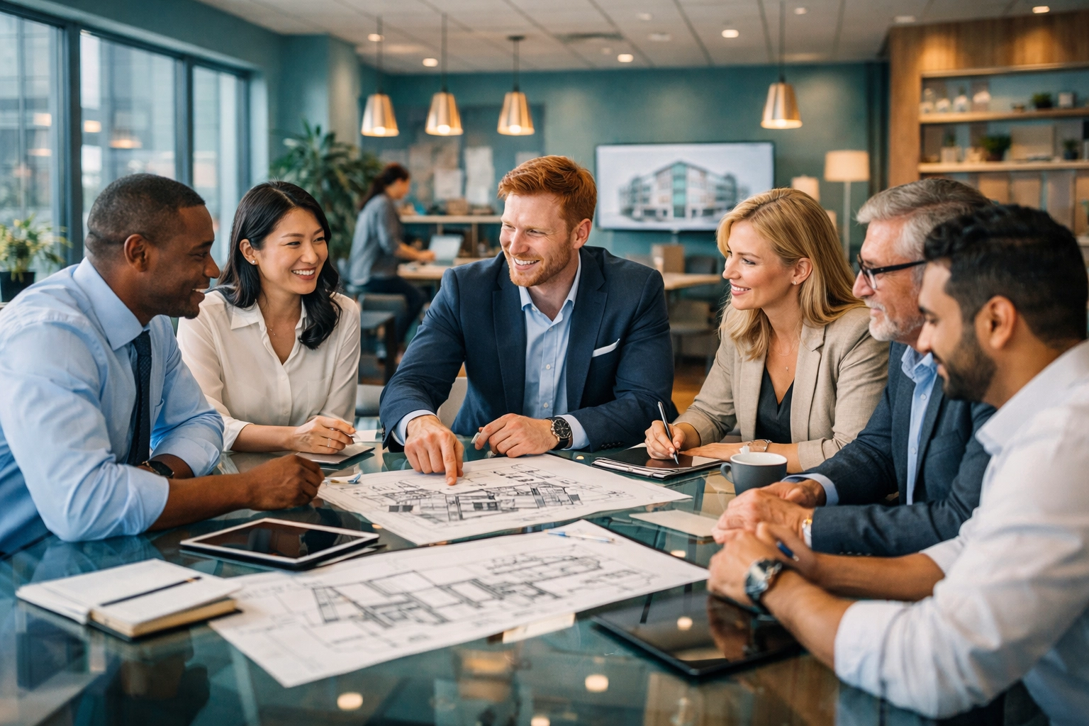 Professional staff meeting in a modern office to review property management risk management and internal controls.