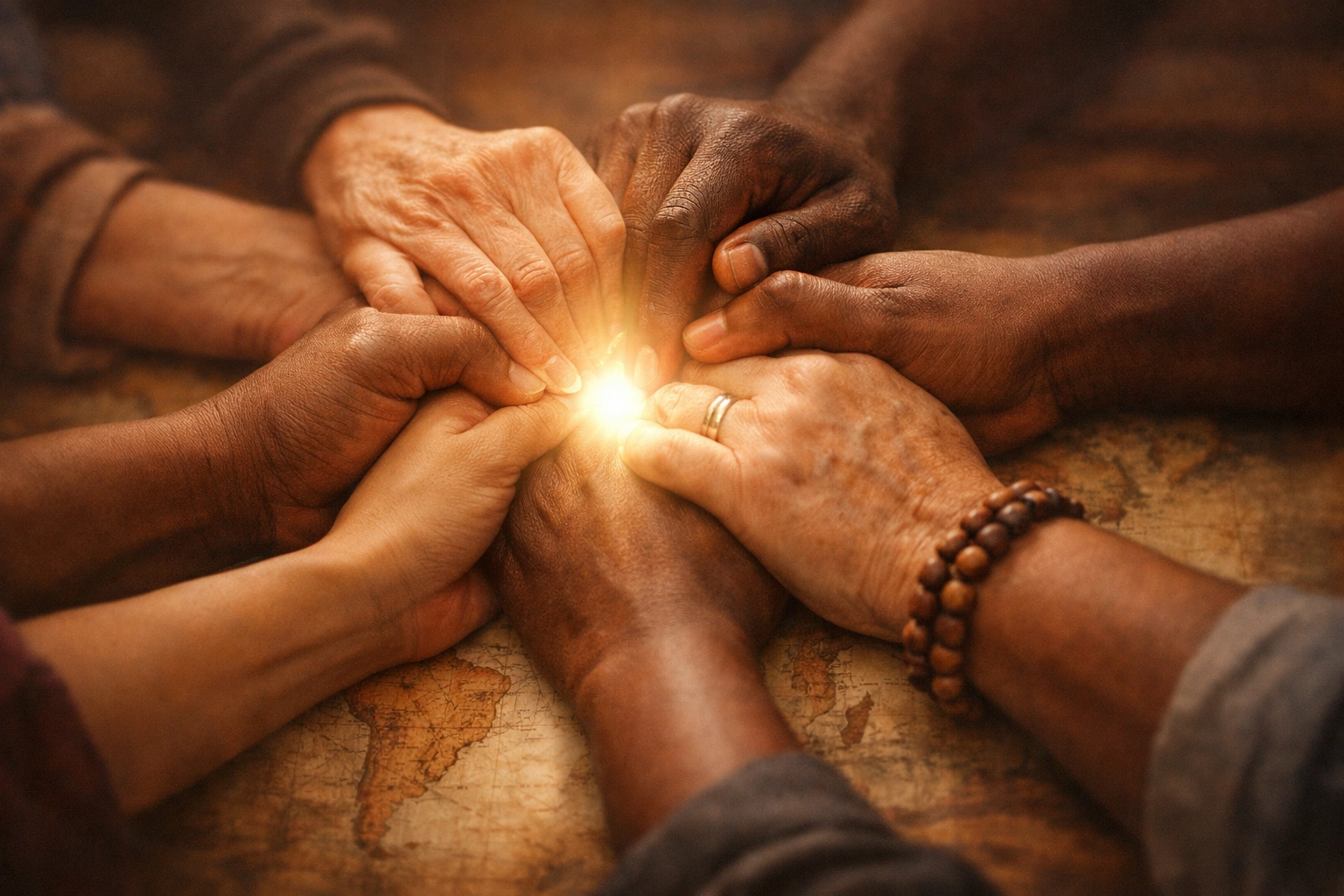 Diverse hands joined in prayer over a world map, representing Christian unity and hope for global peace.