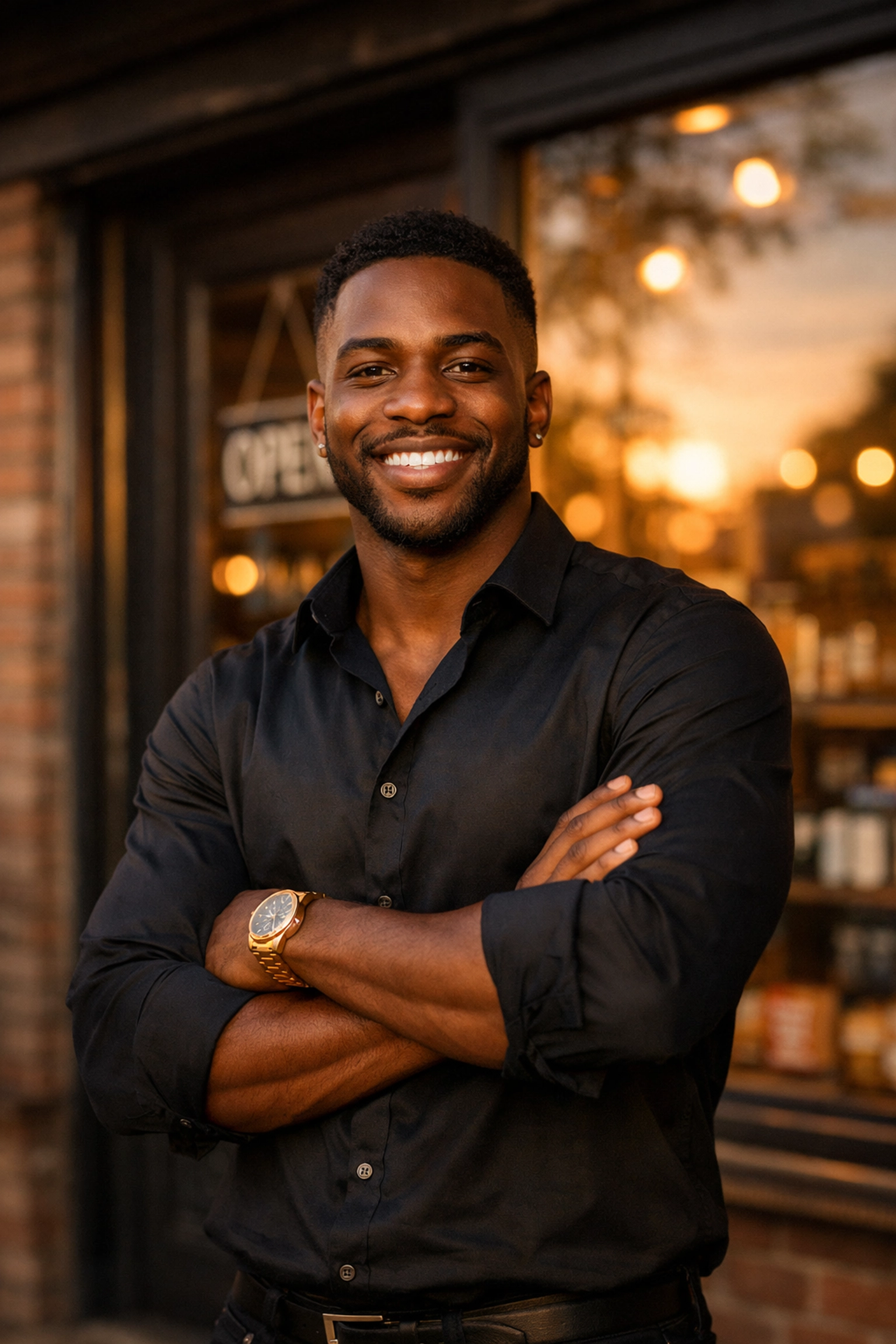 Black business owner standing proudly in front of brick-and-mortar storefront