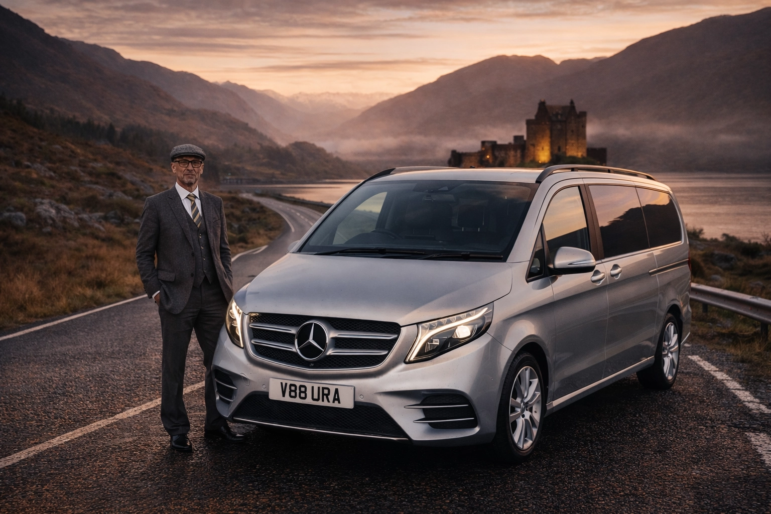 Luxury Scottish chauffeur tour through the Highlands featuring a silver Mercedes-Benz at dusk.