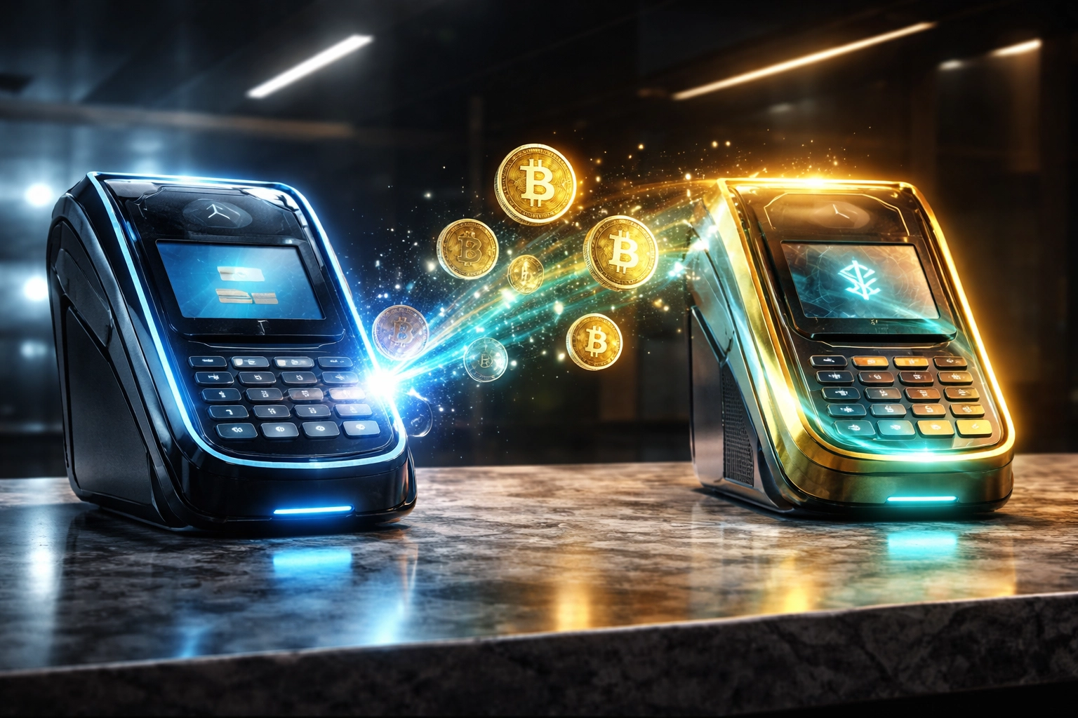 Comparison of old payment terminals and advanced Web3 devices, highlighting transition to lower crypto merchant fees