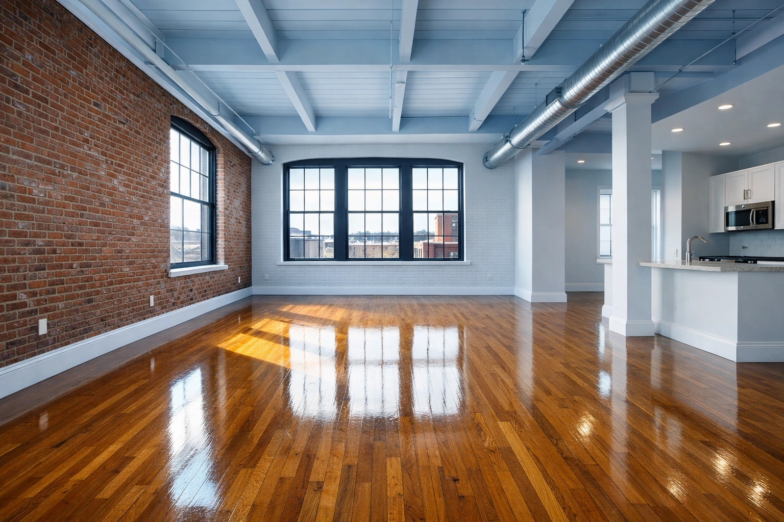 Gleaming floors in a Canal District loft prepared by House Cleaning Services Worcester MA for move-in.
