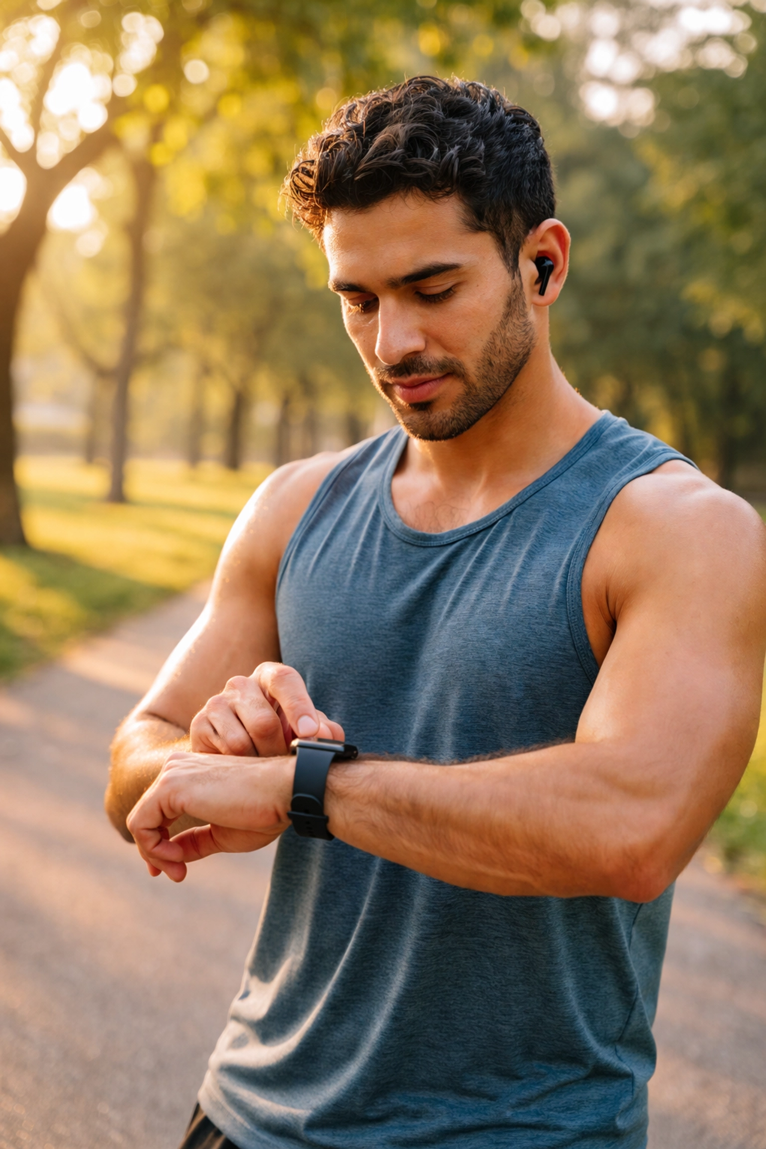 Fit Latino man checks smartwatch in park after run, showing AI-powered fitness tracking
