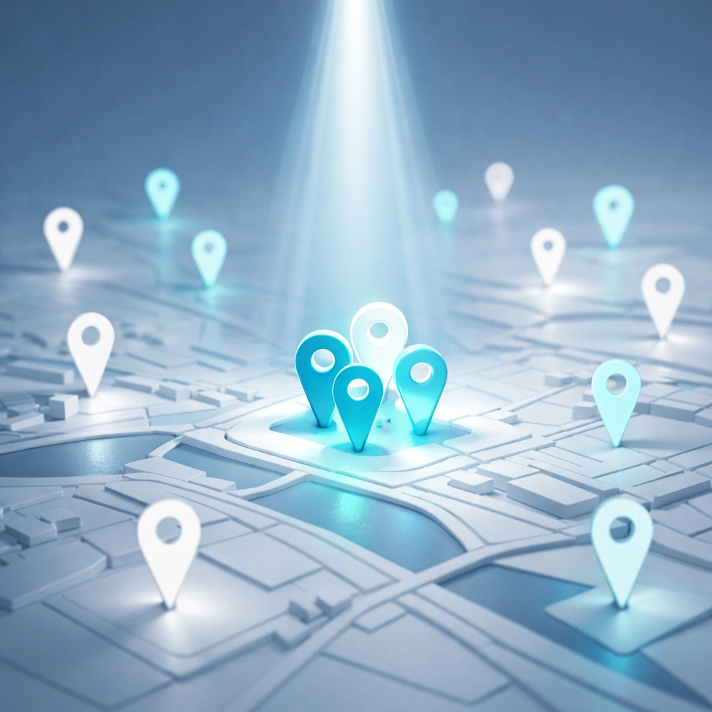 Digital city map with glowing pins highlighting multi-location search visibility and AI Local Boost.