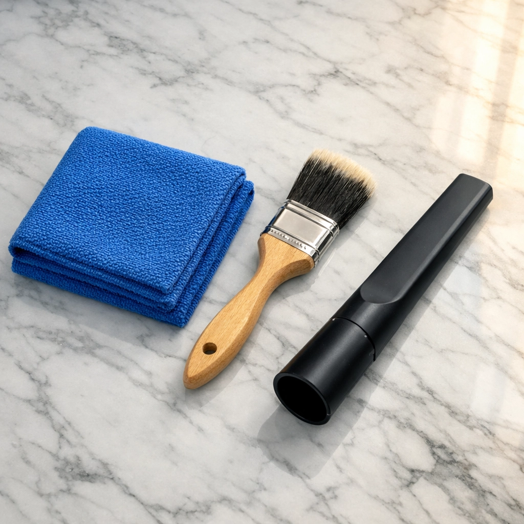 Professional cleaning tools for removing fine construction dust from door frames and trim.
