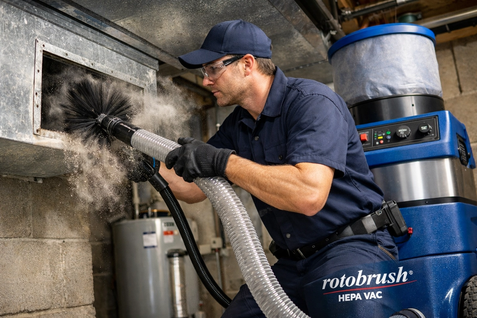 Professional technician performing air duct cleaning with HEPA vacuum equipment