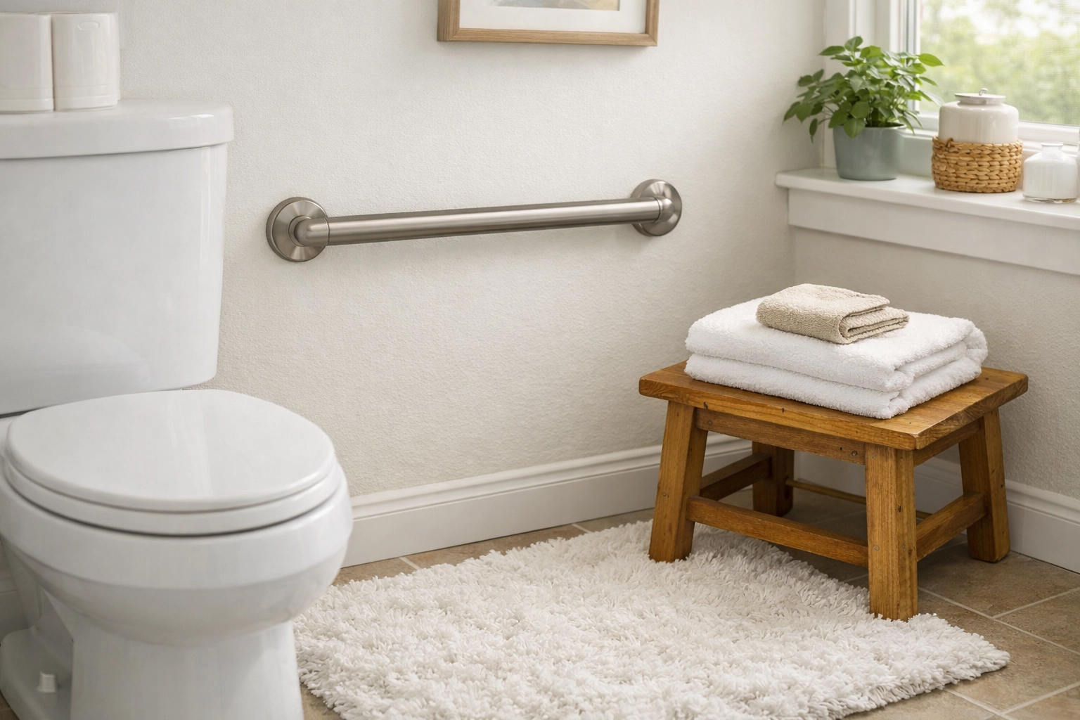 Horizontal brushed-nickel safety rail installed beside a toilet for secure bathroom transitions.