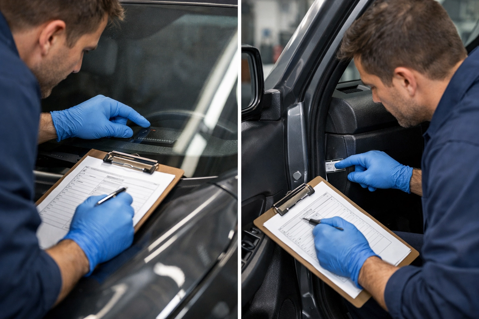 Mechanic checking VIN plate during a pre-purchase inspection