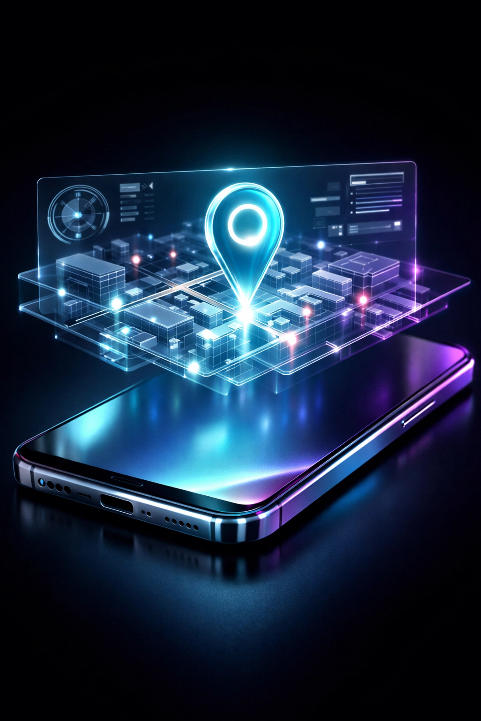 Smartphone displaying a holographic map for AI-powered local search results and business location snapshots.