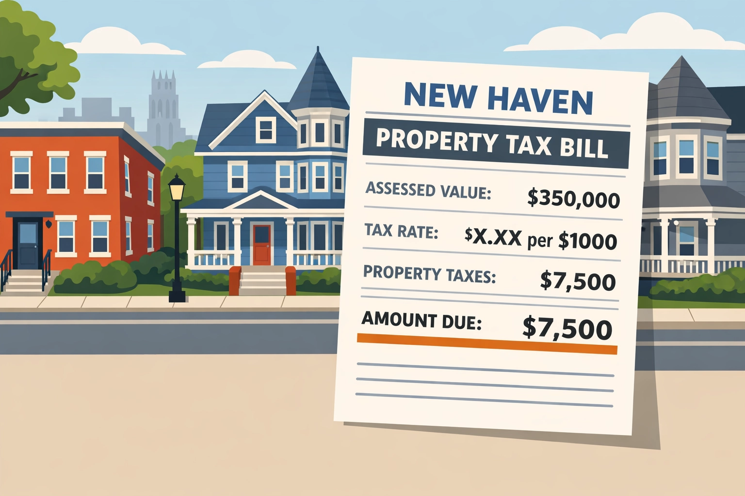 New Haven residential homes with property tax bill illustrating Connecticut homeowner tax costs