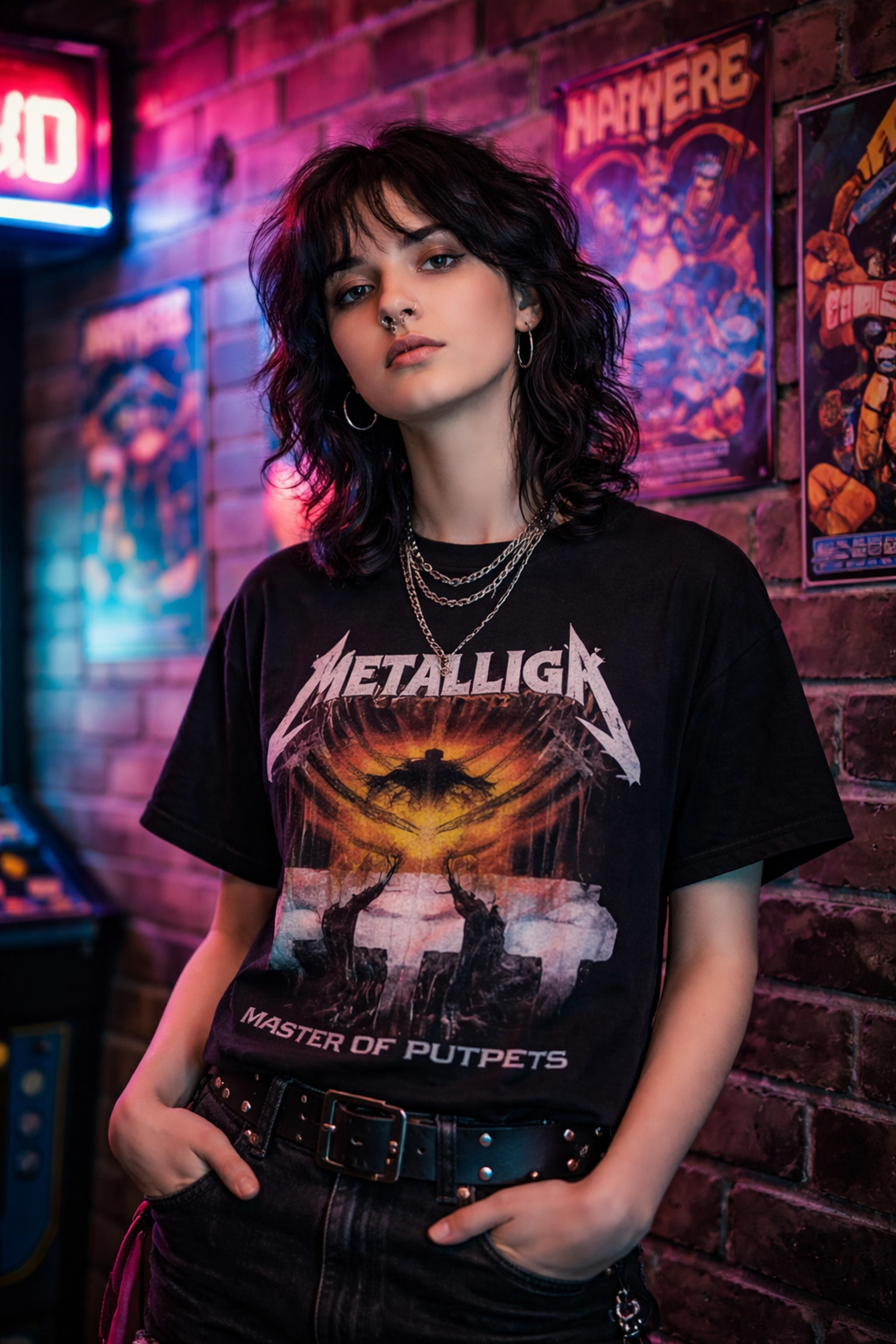 Young adult in Stranger Things t-shirt standing by brick wall with neon retro arcade posters