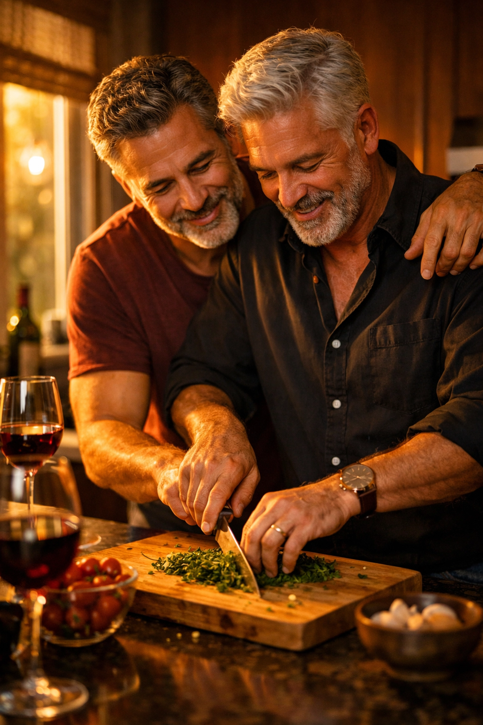Mature gay couple in their 50s cooking together in kitchen - intimate MM romance moment