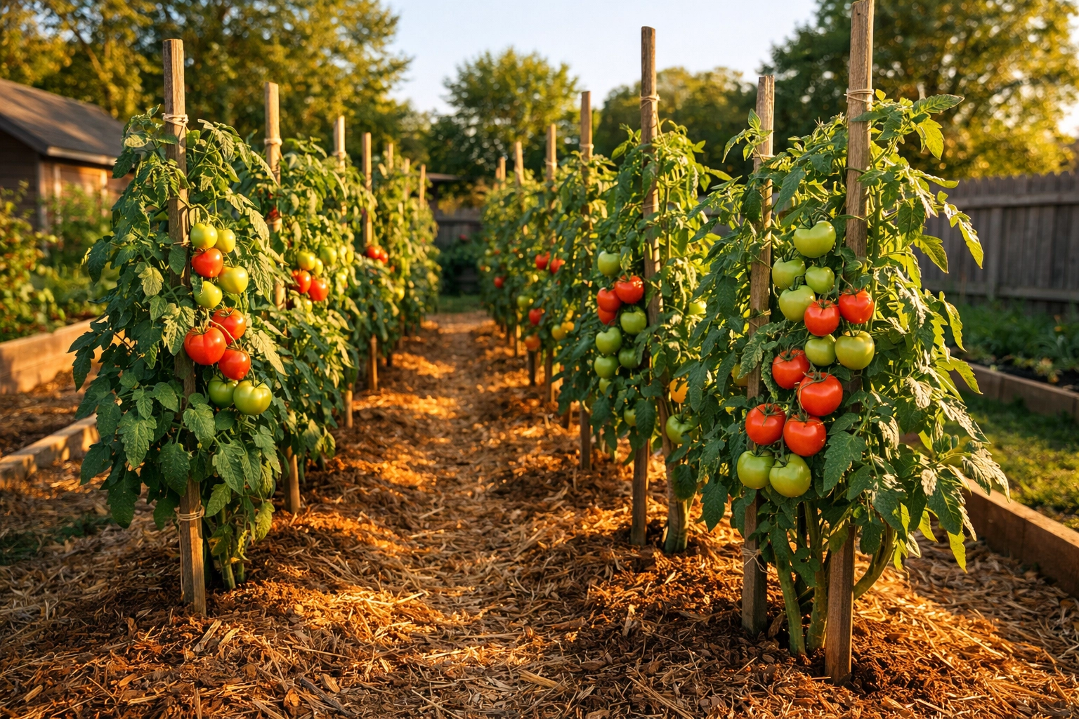 Well-pruned indeterminate tomato plants staked in garden rows
