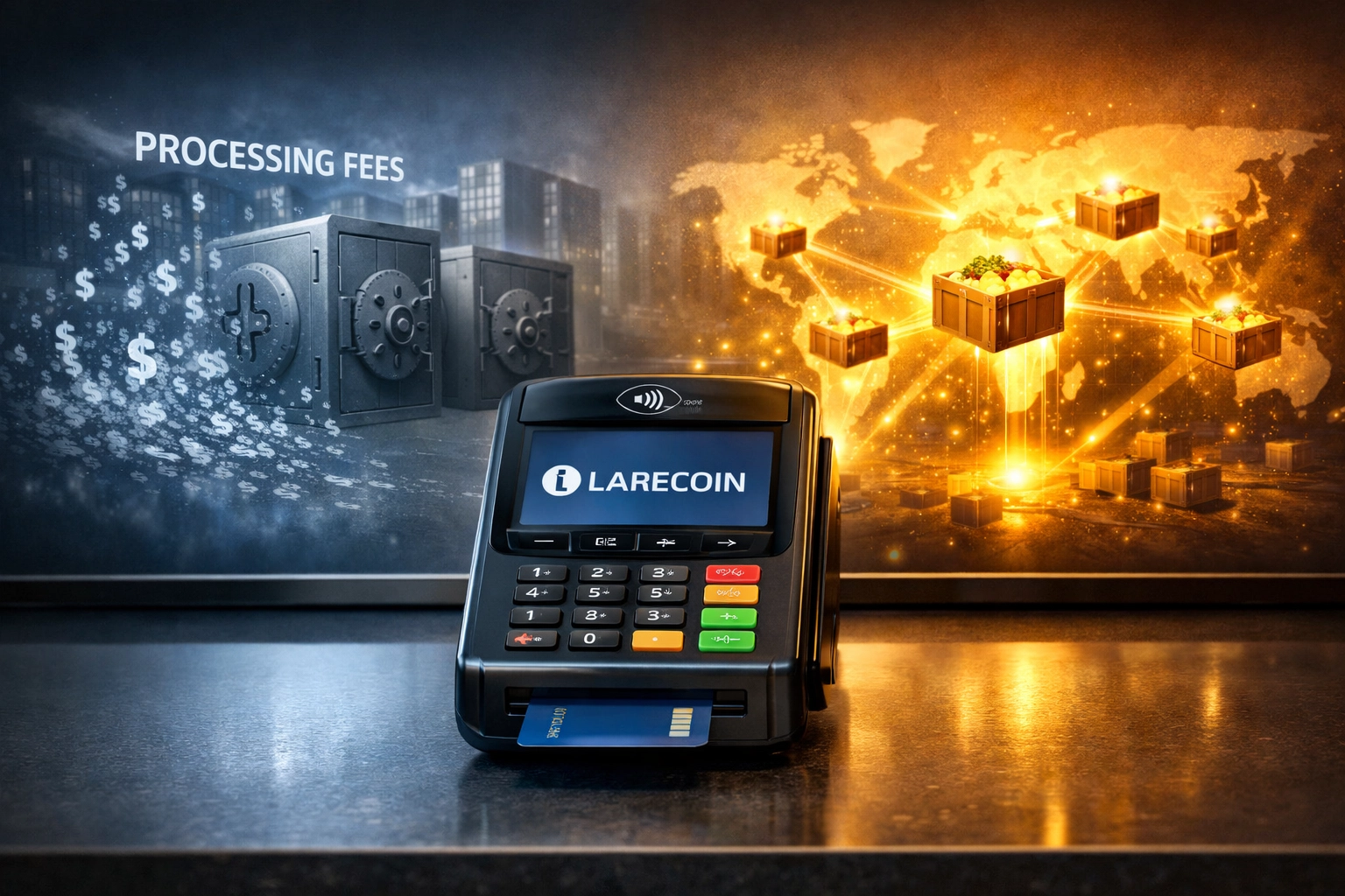 Crypto POS terminal showing Larecoin transaction fees funding global hunger relief vs traditional processors
