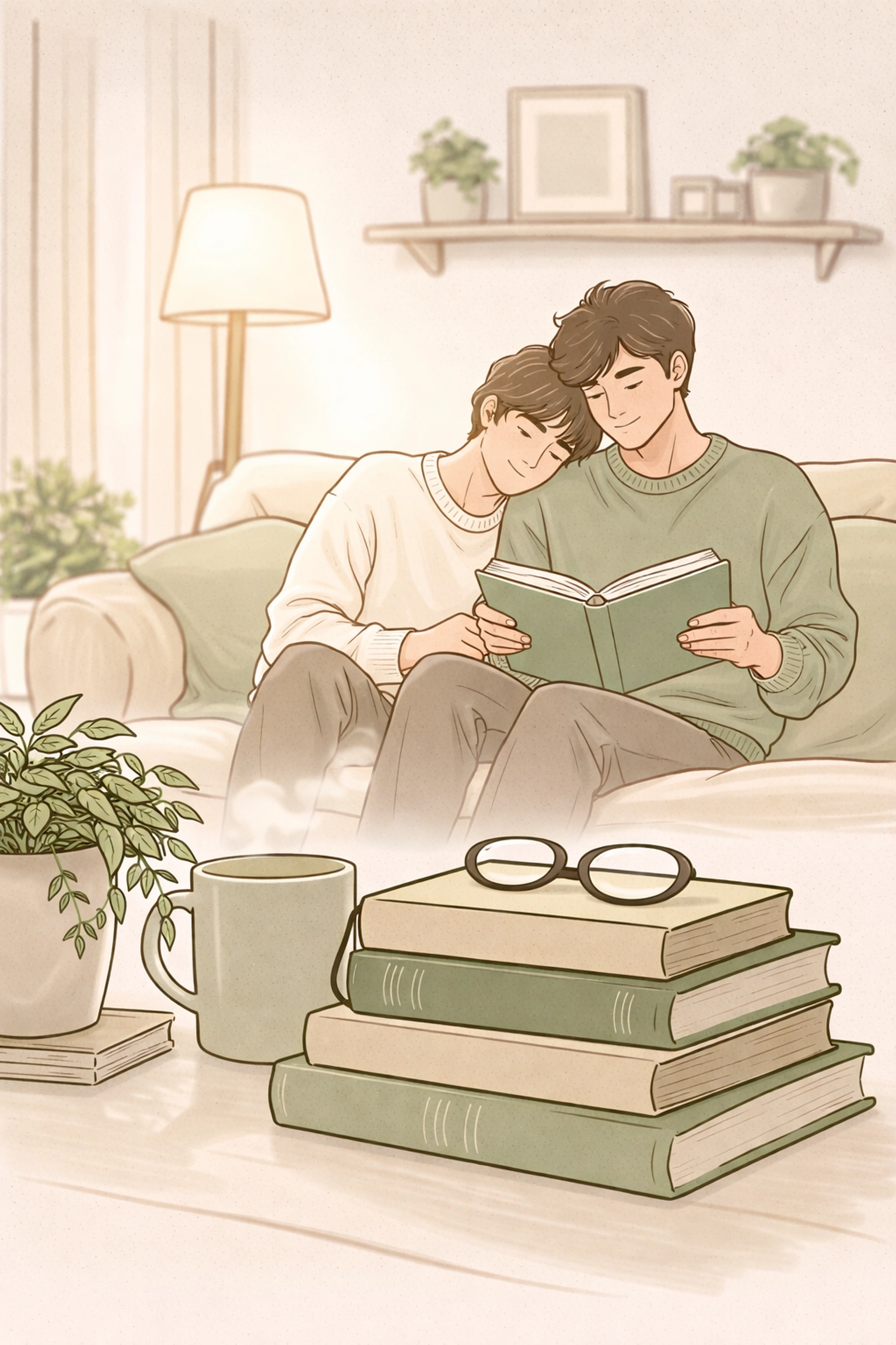 Two men sharing a book in a cozy reading nook surrounded by MM romance novels
