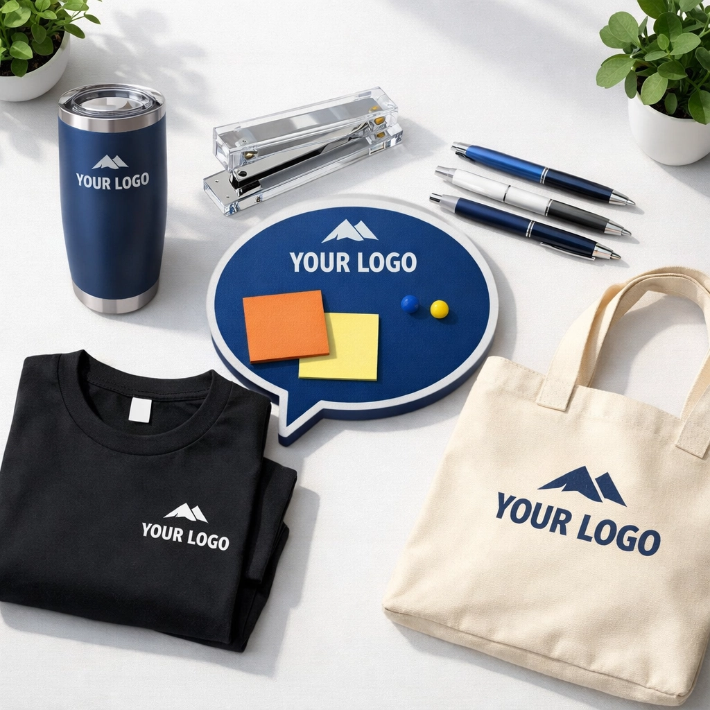 Complete office swag kit with tumbler, transparent stapler, pens, memo board, and tote bag